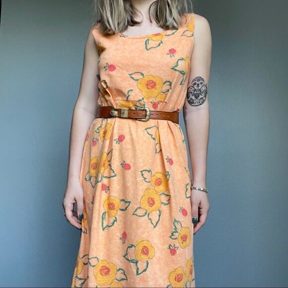 Vintage 90s Styleworks Novelty Fruit Peach Summer Maxi Tank Cotton Dress Sz L - Picture 5 of 14